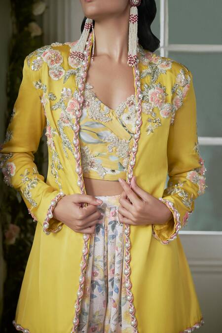 Buy Nitika Gujral Yellow Satin Sequins, Beads, Bloom Embroidered Jacket And Corset Trouser Set Online at Aza Fashions Buy_Nitika Gujral_Yellow Satin Sequins, Beads, Bloom Embroidered Jacket And Corset Trouser Set _Online_at_Aza_Fashions