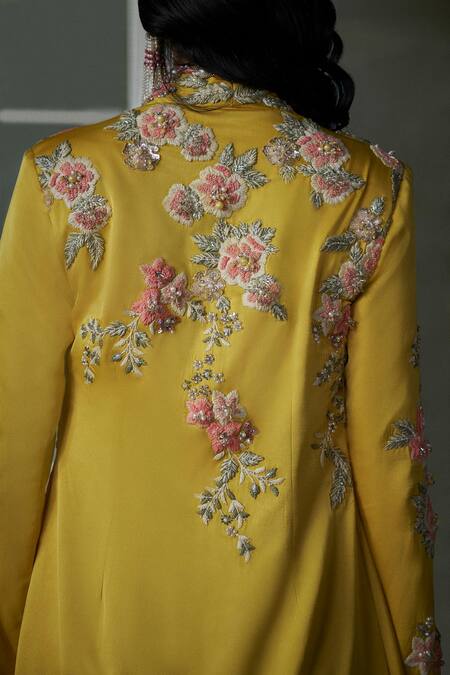 Shop Nitika Gujral Yellow Satin Sequins, Beads, Bloom Embroidered Jacket And Corset Trouser Set Online at Aza Fashions Shop_Nitika Gujral_Yellow Satin Sequins, Beads, Bloom Embroidered Jacket And Corset Trouser Set _Online_at_Aza_Fashions