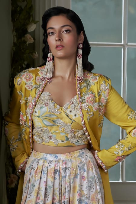 Shop Nitika Gujral Yellow Satin Sequins, Beads, Bloom Embroidered Jacket And Corset Trouser Set at Aza Fashions Shop_Nitika Gujral_Yellow Satin Sequins, Beads, Bloom Embroidered Jacket And Corset Trouser Set _at_Aza_Fashions