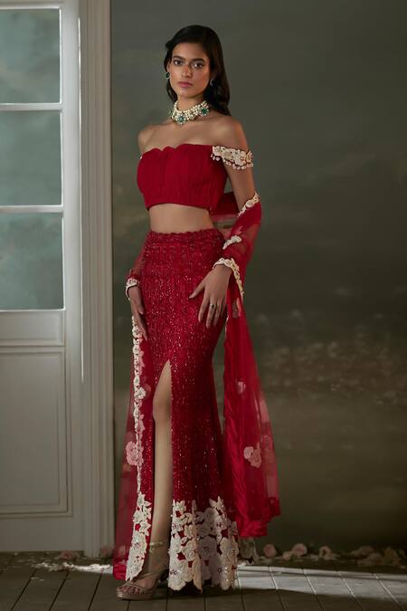 Nitika Gujral Red Net, Satin, Chiffon Sequins, Cut Work, Pleated Off Crop Top And Skirt Set Online at Aza Fashions Nitika Gujral_Red Net, Satin, Chiffon Sequins, Cut Work, Pleated Off Crop Top And Skirt Set _Online_at_Aza_Fashions