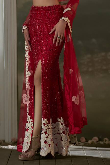 Buy Nitika Gujral Red Net, Satin, Chiffon Sequins, Cut Work, Pleated Off Crop Top And Skirt Set Online at Aza Fashions Buy_Nitika Gujral_Red Net, Satin, Chiffon Sequins, Cut Work, Pleated Off Crop Top And Skirt Set _Online_at_Aza_Fashions