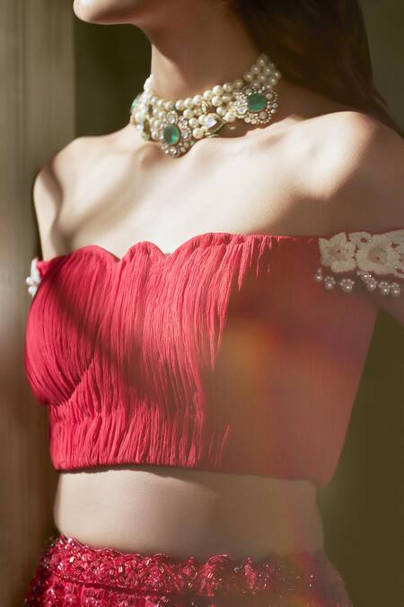 Shop Nitika Gujral Red Net, Satin, Chiffon Sequins, Cut Work, Pleated Off Crop Top And Skirt Set Online at Aza Fashions Shop_Nitika Gujral_Red Net, Satin, Chiffon Sequins, Cut Work, Pleated Off Crop Top And Skirt Set _Online_at_Aza_Fashions