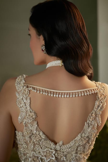 Buy_Nitika Gujral_Cream Georgette, Organza, Net Embroidery, Crystals, Peplum Top And Sharara Set _Online_at_Aza_Fashions