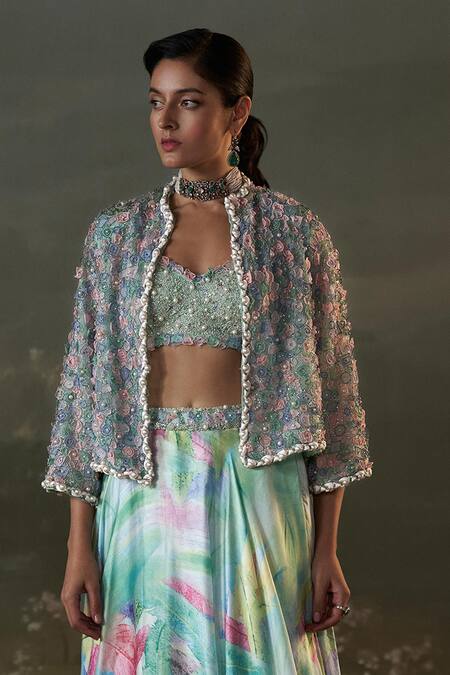 Nitika Gujral Blue Organza, Net, Satin Pearls, Embroidery Open Bloom Jacket And Lehenga Set Online at Aza Fashions Nitika Gujral_Blue Organza, Net, Satin Pearls, Embroidery Open Bloom Jacket And Lehenga Set _Online_at_Aza_Fashions