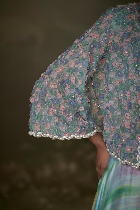 Buy Nitika Gujral Blue Organza, Net, Satin Pearls, Embroidery Open Bloom Jacket And Lehenga Set Online at Aza Fashions Buy_Nitika Gujral_Blue Organza, Net, Satin Pearls, Embroidery Open Bloom Jacket And Lehenga Set _Online_at_Aza_Fashions