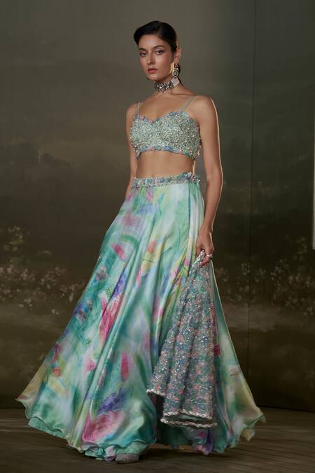 Shop Nitika Gujral Blue Organza, Net, Satin Pearls, Embroidery Open Bloom Jacket And Lehenga Set Online at Aza Fashions Shop_Nitika Gujral_Blue Organza, Net, Satin Pearls, Embroidery Open Bloom Jacket And Lehenga Set _Online_at_Aza_Fashions