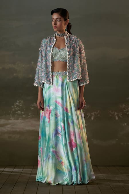 Shop Nitika Gujral Blue Organza, Net, Satin Pearls, Embroidery Open Bloom Jacket And Lehenga Set at Aza Fashions Shop_Nitika Gujral_Blue Organza, Net, Satin Pearls, Embroidery Open Bloom Jacket And Lehenga Set _at_Aza_Fashions