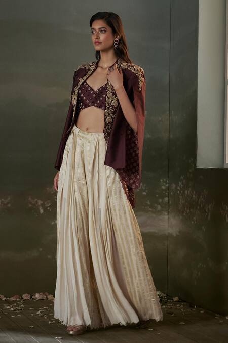 Nitika Gujral Burgundy Organza, Georgette Pearls, Crystals, Embroidered Cape And Sharara Set Online at Aza Fashions Nitika Gujral_Burgundy Organza, Georgette Pearls, Crystals, Embroidered Cape And Sharara Set _Online_at_Aza_Fashions