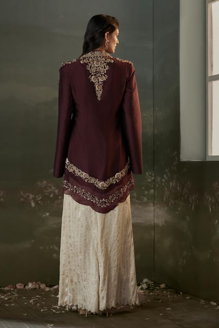 Shop Nitika Gujral Burgundy Organza, Georgette Pearls, Crystals, Embroidered Cape And Sharara Set at Aza Fashions Shop_Nitika Gujral_Burgundy Organza, Georgette Pearls, Crystals, Embroidered Cape And Sharara Set _at_Aza_Fashions