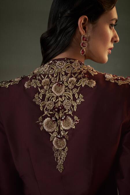 Shop Nitika Gujral Burgundy Organza, Georgette Pearls, Crystals, Embroidered Cape And Sharara Set Online at Aza Fashions Shop_Nitika Gujral_Burgundy Organza, Georgette Pearls, Crystals, Embroidered Cape And Sharara Set _Online_at_Aza_Fashions