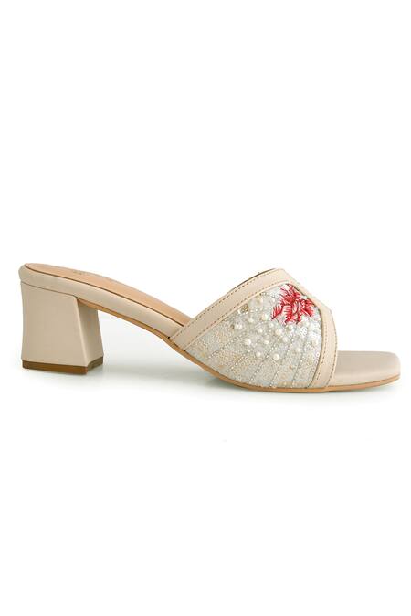 Shop_LA Fiza_Beige Cut Work, Pearls, Sequins, Embroidery Rosalia Heels_Online_at_Aza_Fashions