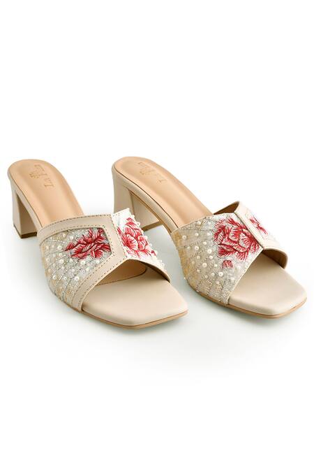 LA Fiza_Beige Cut Work, Pearls, Sequins, Embroidery Rosalia Heels_at_Aza_Fashions