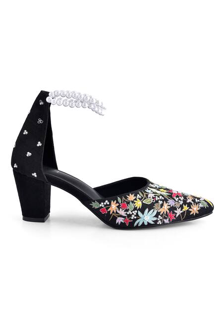 LA Fiza_Black Pearls, Embroidery Block Heels_Online_at_Aza_Fashions