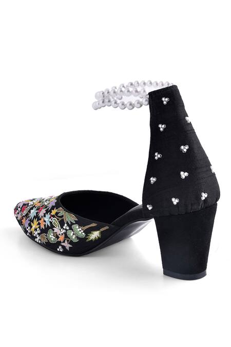 Buy_LA Fiza_Black Pearls, Embroidery Block Heels_Online_at_Aza_Fashions