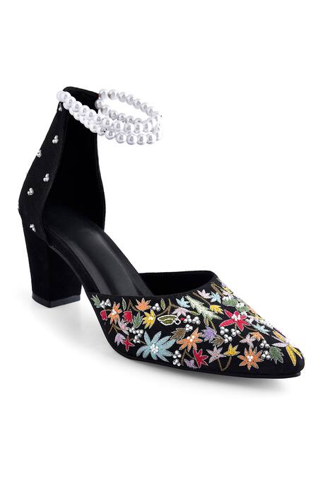 Shop_LA Fiza_Black Pearls, Embroidery Block Heels_Online_at_Aza_Fashions