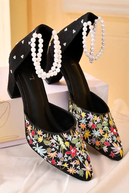 Shop LA Fiza Black Pearls, Embroidery Block Heels at Aza Fashions Shop_LA Fiza_Black Pearls, Embroidery Block Heels_at_Aza_Fashions