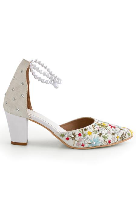Buy_LA Fiza_White Pearls, Embroidery Strap Block Heels_Online_at_Aza_Fashions