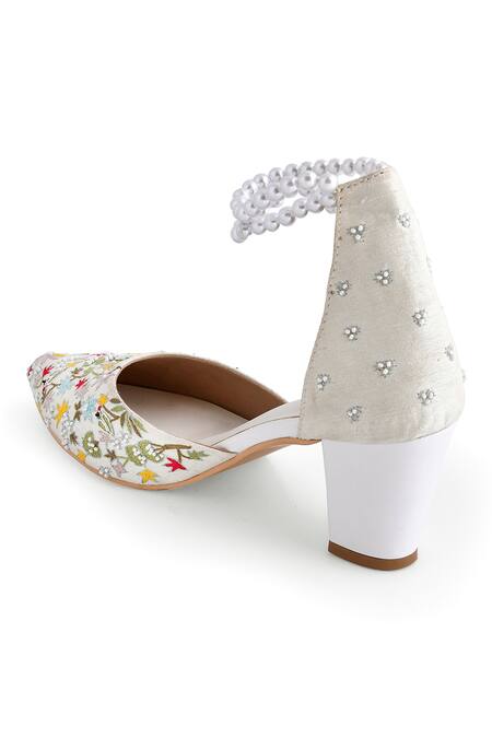 Shop_LA Fiza_White Pearls, Embroidery Strap Block Heels_Online_at_Aza_Fashions