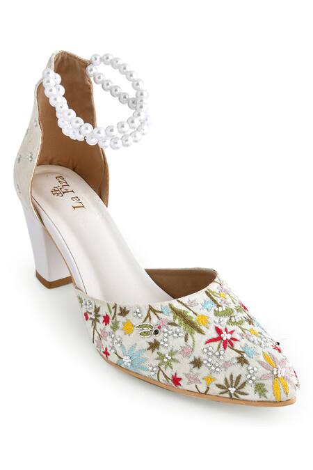 LA Fiza_White Pearls, Embroidery Strap Block Heels_at_Aza_Fashions