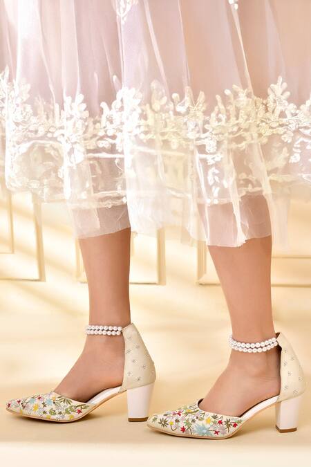 Buy_LA Fiza_White Pearls, Embroidery Strap Block Heels