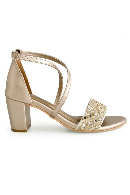 LA Fiza_Gold Sequins, Mirrors And Work Block Heels_Online_at_Aza_Fashions