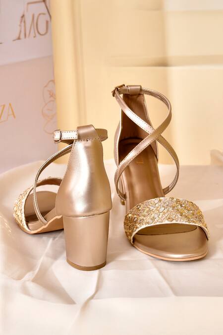 LA Fiza Gold Sequins, Mirrors And Work Block Heels at Aza Fashions LA Fiza_Gold Sequins, Mirrors And Work Block Heels_at_Aza_Fashions