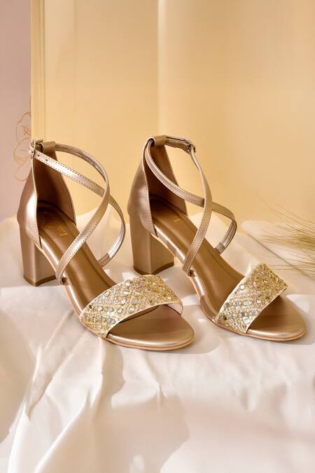Shop LA Fiza Gold Sequins, Mirrors And Work Block Heels at Aza Fashions Shop_LA Fiza_Gold Sequins, Mirrors And Work Block Heels_at_Aza_Fashions