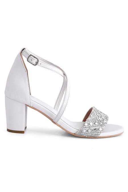 LA Fiza_White Mirrors, Sequins And Work Strappy Block Heels_Online_at_Aza_Fashions