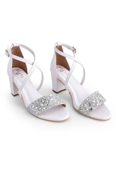 Shop_LA Fiza_White Mirrors, Sequins And Work Strappy Block Heels_Online_at_Aza_Fashions