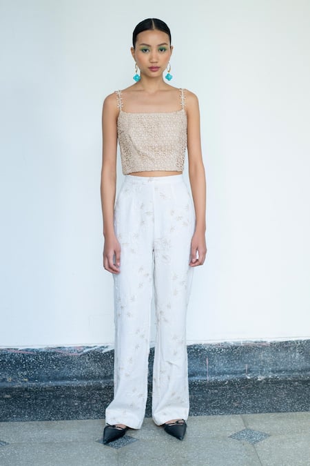 LAHARIO_Cream Linen Embroidery Square , Open Floral Shrug Pant Set _Online_at_Aza_Fashions