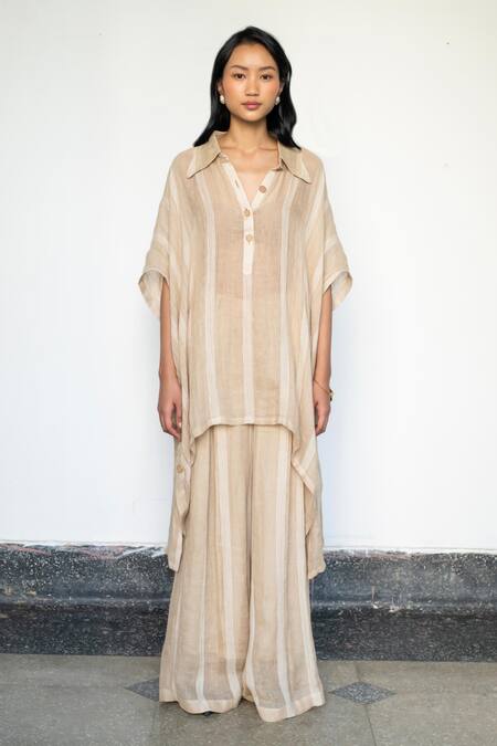 LAHARIO_Beige Linen Collared Striped Kaftan And Pant Set _Online_at_Aza_Fashions