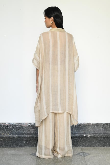 Lahario Beige Linen Striped Kaftan & Pant Set 