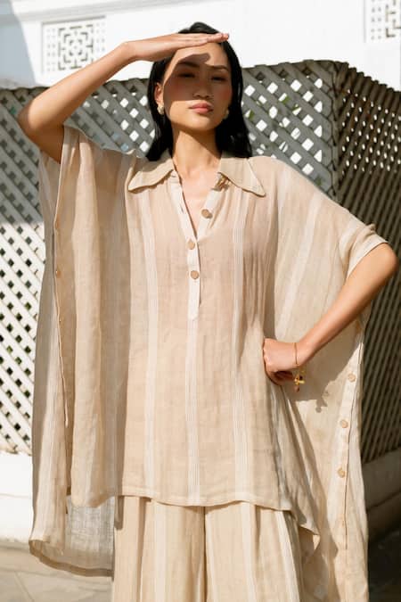 Buy_LAHARIO_Beige Linen Collared Striped Kaftan And Pant Set _Online_at_Aza_Fashions