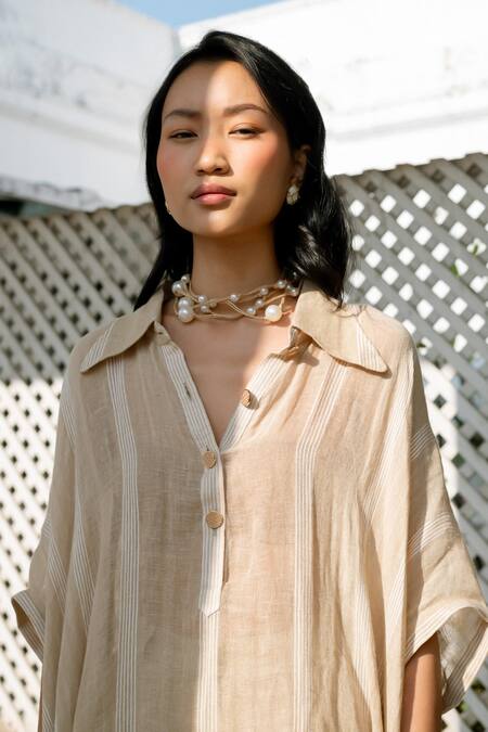 Shop_LAHARIO_Beige Linen Collared Striped Kaftan And Pant Set _Online_at_Aza_Fashions