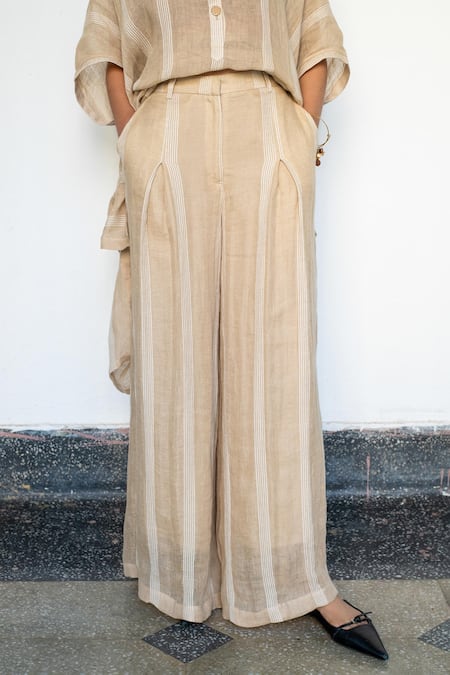 LAHARIO_Beige Linen Collared Striped Kaftan And Pant Set _at_Aza_Fashions