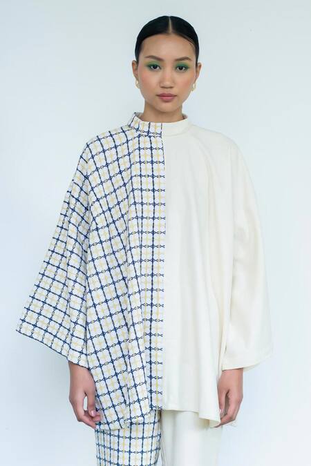 LAHARIO_Cream Linen Embroidery High Neck Geometric Top And Pant Set _Online_at_Aza_Fashions