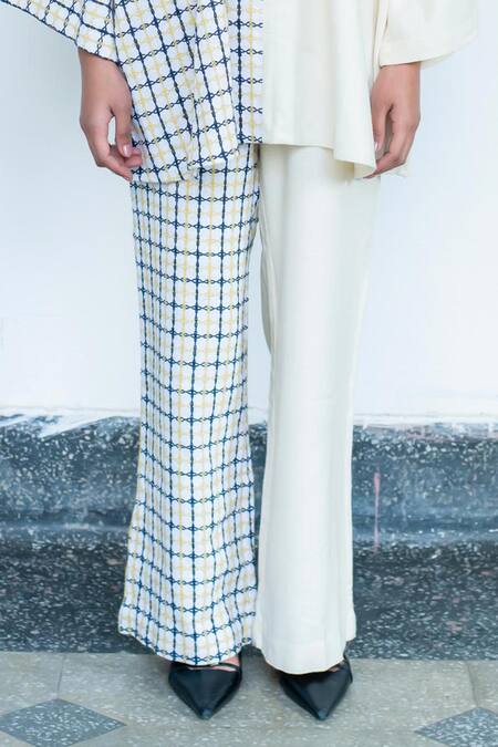 Buy_LAHARIO_Cream Linen Embroidery High Neck Geometric Top And Pant Set _Online_at_Aza_Fashions