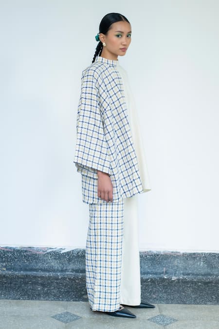 Shop_LAHARIO_Cream Linen Embroidery High Neck Geometric Top And Pant Set _Online_at_Aza_Fashions