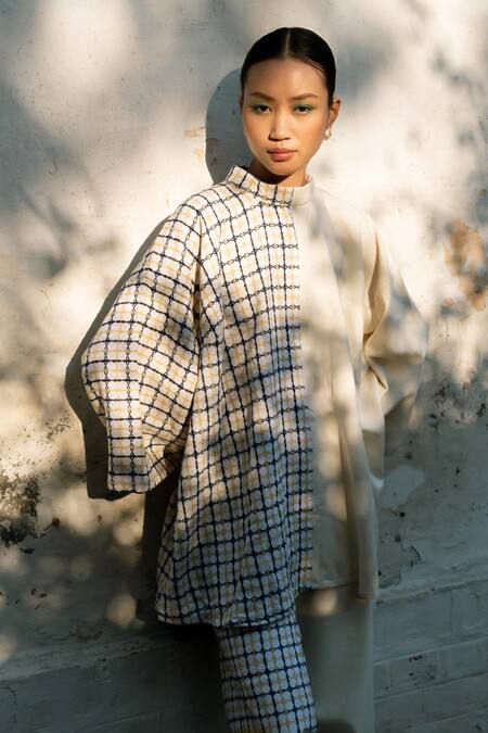 LAHARIO_Cream Linen Embroidery High Neck Geometric Top And Pant Set _at_Aza_Fashions