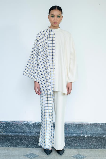 Buy_LAHARIO_Cream Linen Embroidery High Neck Geometric Top And Pant Set 