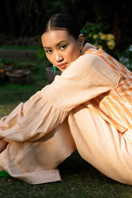 LAHARIO Peach Linen Collared, Open Neck Striped Jacket Pant Set Online at Aza Fashions LAHARIO_Peach Linen Collared, Open Neck Striped Jacket Pant Set _Online_at_Aza_Fashions