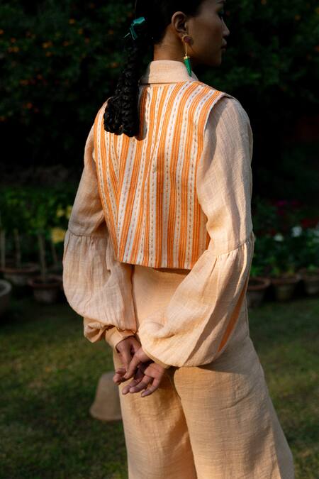 Buy LAHARIO Peach Linen Collared, Open Neck Striped Jacket Pant Set Online at Aza Fashions Buy_LAHARIO_Peach Linen Collared, Open Neck Striped Jacket Pant Set _Online_at_Aza_Fashions