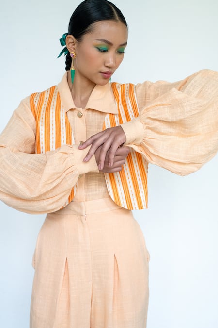 Shop LAHARIO Peach Linen Collared, Open Neck Striped Jacket Pant Set Online at Aza Fashions Shop_LAHARIO_Peach Linen Collared, Open Neck Striped Jacket Pant Set _Online_at_Aza_Fashions