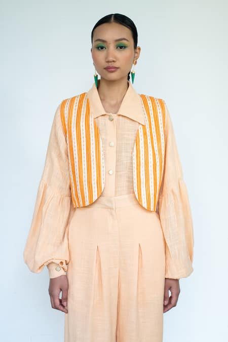 LAHARIO Peach Linen Collared, Open Neck Striped Jacket Pant Set at Aza Fashions LAHARIO_Peach Linen Collared, Open Neck Striped Jacket Pant Set _at_Aza_Fashions
