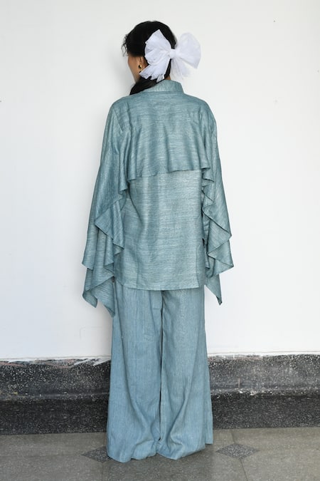 LAHARIO Teal Blue Flared Shirt & Pant Set 