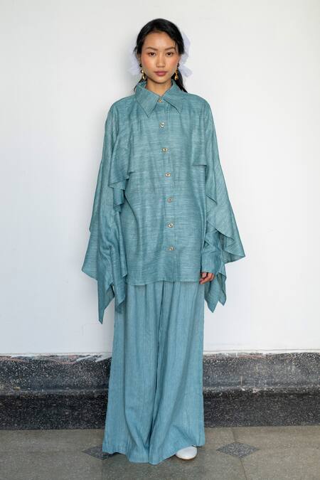 LAHARIO_Blue Linen Collared Teal Shirt And Pant Set _Online_at_Aza_Fashions