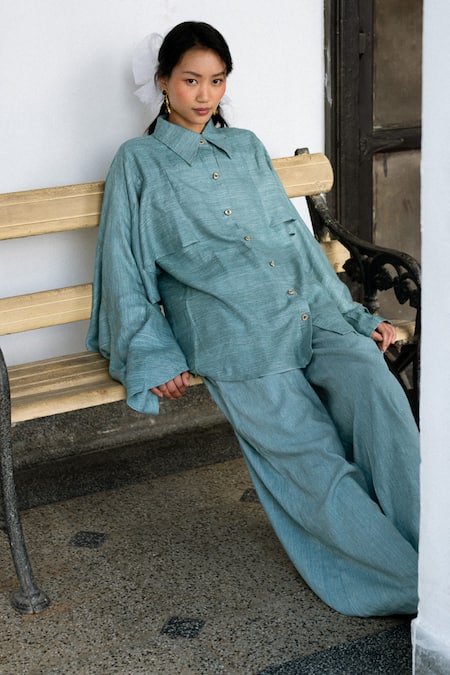 Buy_LAHARIO_Blue Linen Collared Teal Shirt And Pant Set _Online_at_Aza_Fashions