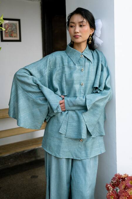Shop_LAHARIO_Blue Linen Collared Teal Shirt And Pant Set _Online_at_Aza_Fashions