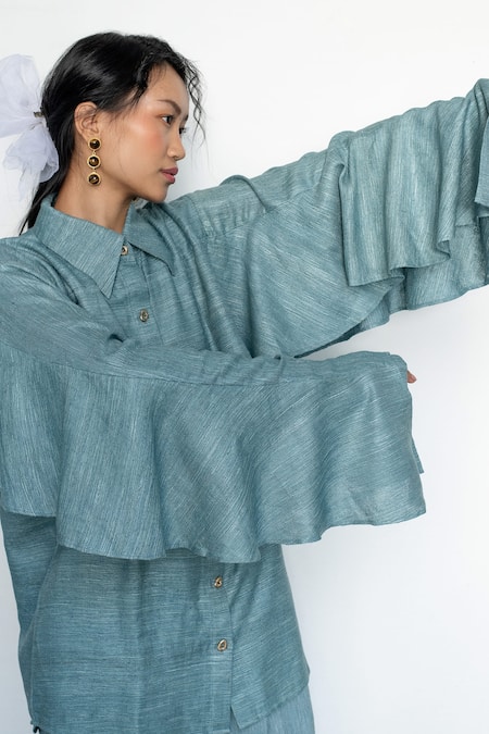 LAHARIO_Blue Linen Collared Teal Shirt And Pant Set _at_Aza_Fashions