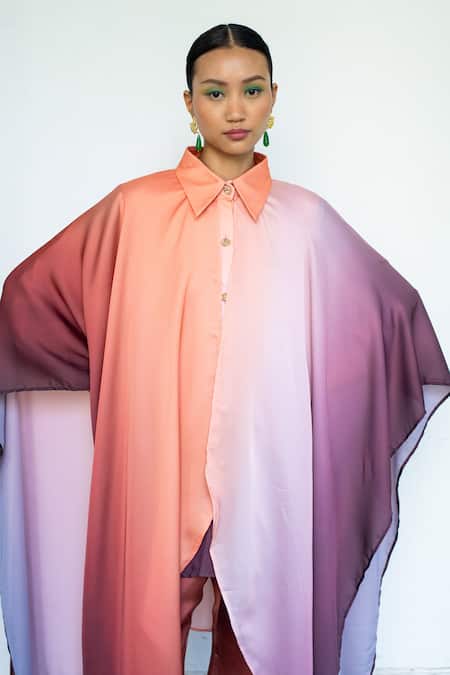 LAHARIO Purple Modal, Linen Collared Shaded Cape And Trouser Set Online at Aza Fashions LAHARIO_Purple Modal, Linen Collared Shaded Cape And Trouser Set _Online_at_Aza_Fashions